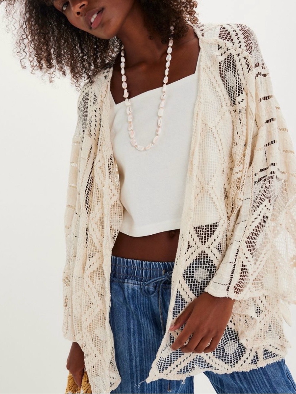 Free People Off The Coast Crochet Layer Ivory Bell Sleeve One Size Fits All
